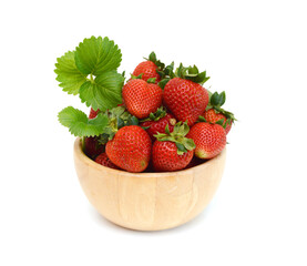 Fresh red ripe strawberry isolated in wooden bowl on white, macro image