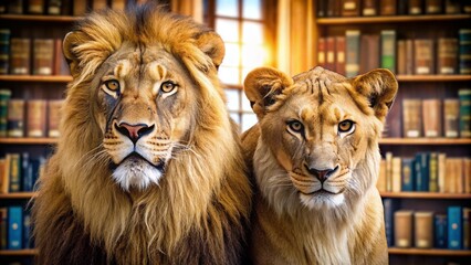 Majestic African lion couple inside a library