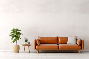 Brown leather sofa with cushings aside an occasional table and potted floor plant set on painted floorboards against an off white plain wall interior room design mockup - obrazy, fototapety, plakaty