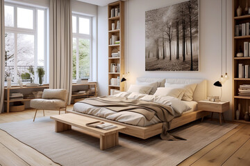 Scandinavian style double bedroom with floating style bed set on rug on natural floor boards with bookcases and large forest wall art print above bed interior room design mock up