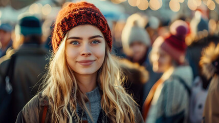 Portrait of an attractive young blonde woman wearing a knitted hat and smiling set against an out of focused crowd lifestyle and wellbeing