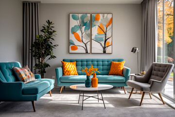 Mid century country living room with blue button back sofa and coffee table set on a grey carpet against a mid grey wall with two floral watercolour prints interior room design mockup