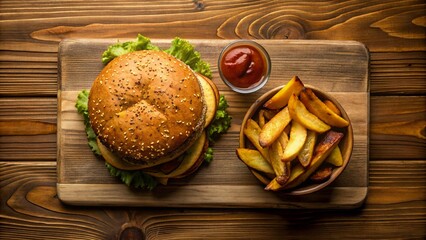 Top-down view of a classic burger accompanied by crispy fried potatoes, all presented on a rustic...