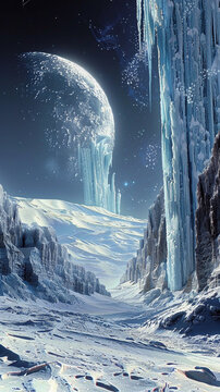 A stunning image of a frozen moon, with icy plains, jagged cliffs, and towering ice formations creating a stark and pristine landscape.