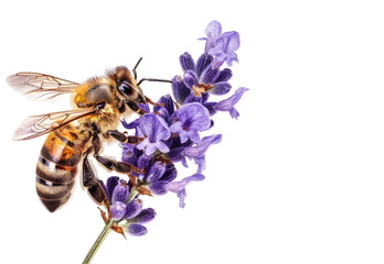 Honeybee gathers nectar on lavender flowers isolated on white background - 775437236