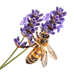 Detailed image of a honeybee on lavender, showcasing fine hairs and pollen, with a clean backdrop - 775437239