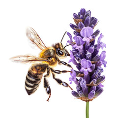 Honeybee in flight on lavender flower over white backdrop - 775437258
