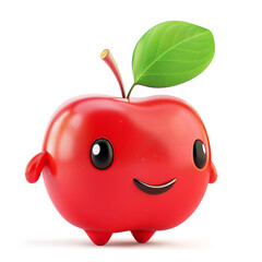 Anthropomorphic red apple with eyes and a leaf, smiling on white background