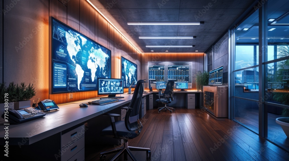 Poster in an office building, a row of computer monitors sits on a desk, creating a symmetrical display. th