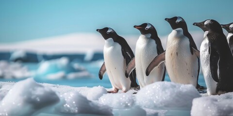 Group of penguins huddled together on an icy Antarctic landscape, with a crisp, clear blue sky, contrast of the penguins black and white feathers against ice created with Generative AI Technology