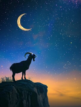 Eid Al Adha concept photo, Eid Mubarak greetings poster, goat and crescent moon with night sky and copy space - generative ai