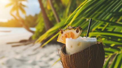 Pina Colada in a coconut shell against a background of tropical palm, no text, no inscriptions, no advertising --ar 16:9 --quality 0.5 --stylize 0 Job ID: 725c818a-003c-49dd-93ec-e3100d478096 - obrazy, fototapety, plakaty