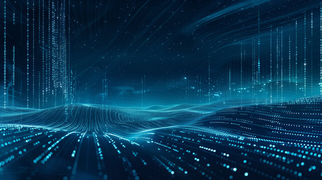 Abstract digital landscape with flowing blue dots and lines