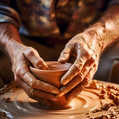 Close-up of a potters hands shaping clay. 