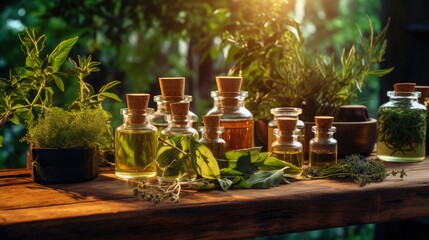 Bottles of rosemary, pine, thyme, mint essential oil. tinctures and potions for treatment and healthy sleep.