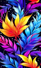 Striking, colorful flower painting with intricate details, vivid hues, beautifully contrasted against dark, black background. For interior design, textiles, clothing, gift wrapping, web design, print.