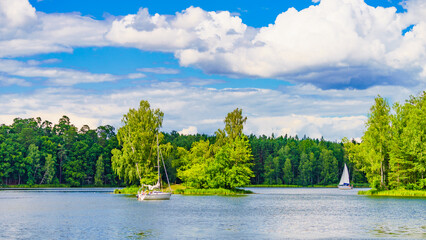 Yachts on lake in Tuchola Forests, Poland.