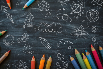 Doodles drawn on a black chalkboard, surrounded by colored pencils,  with copy space