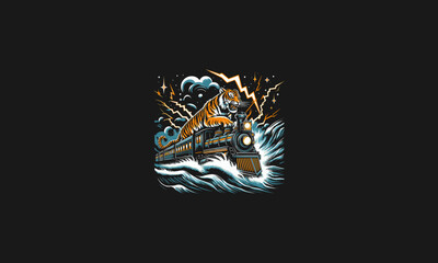 tiger riding train with lightning vector artwork design