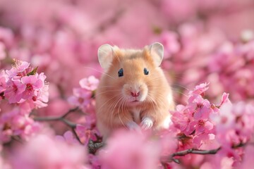 Close up of hamster on background of pink flowers