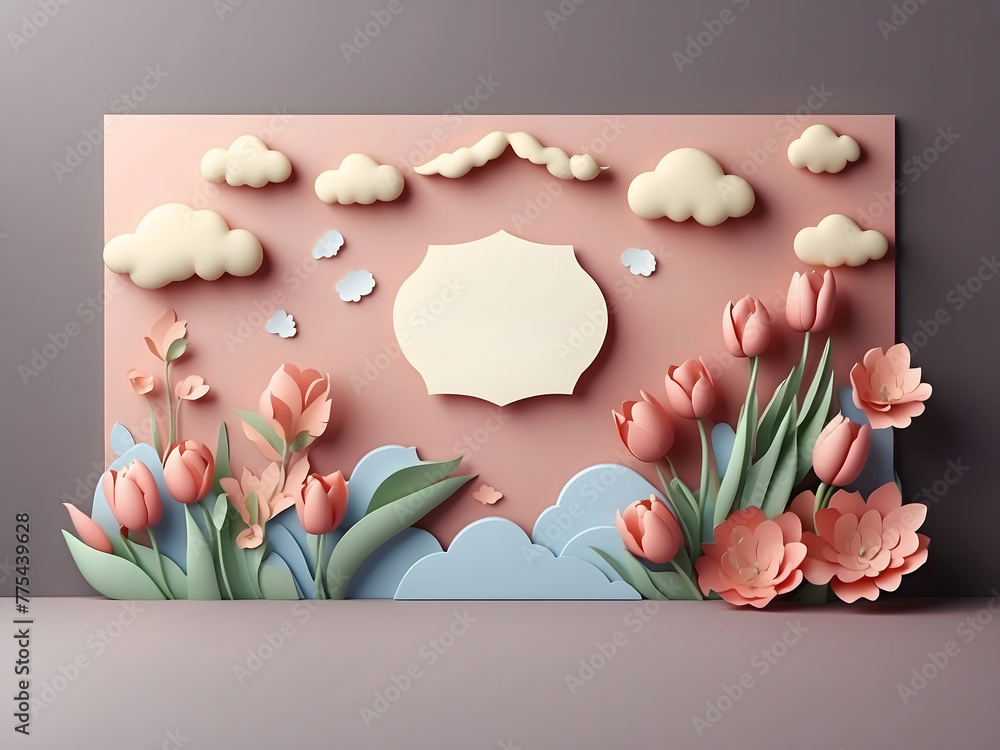 Fototapete a horizontal banner featuring a sky, flowers, and paper-cut clouds with space for text is ideal for 