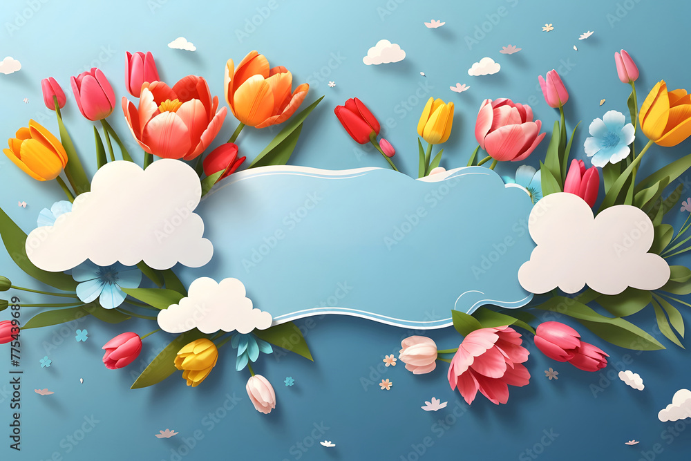 Fototapete a horizontal banner featuring a sky, flowers, and paper-cut clouds with space for text is ideal for 
