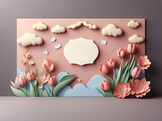A horizontal banner featuring a sky, flowers, and paper-cut clouds with space for text is ideal for a Happy Mother's Day sale header or voucher template with tulips. A spring border frame and promo c.