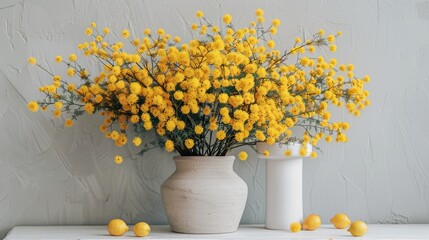   Three white vases, each holding yellow flowers