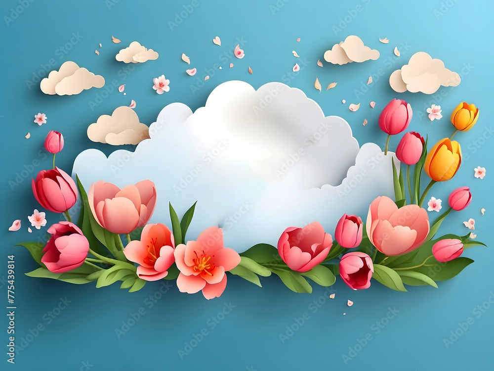 Fototapete a horizontal banner featuring a sky, flowers, and paper-cut clouds with space for text is ideal for 