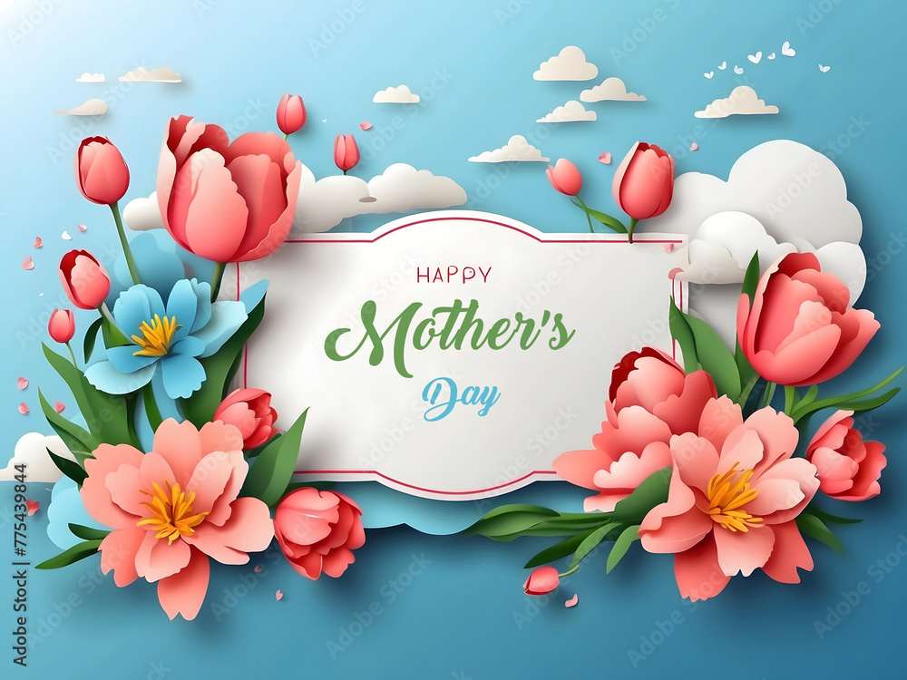 Fototapete a horizontal banner featuring a sky, flowers, and paper-cut clouds with space for text is ideal for 