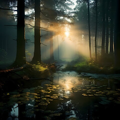Enchanting forest at dawn. 