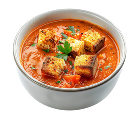 Roasted tomato soup with croutons on transparent background