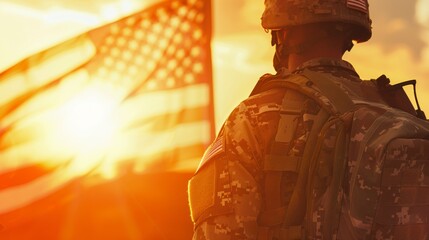 American soldier at a sunset - obrazy, fototapety, plakaty