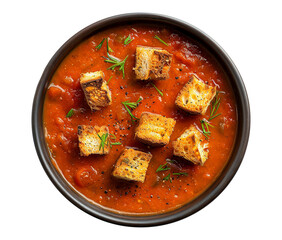 Roasted tomato soup with croutons on transparent background