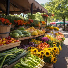 Farmers market with fresh produce and flowers. 