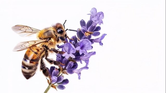 Honeybee gathers nectar on lavender flowers isolated on white background