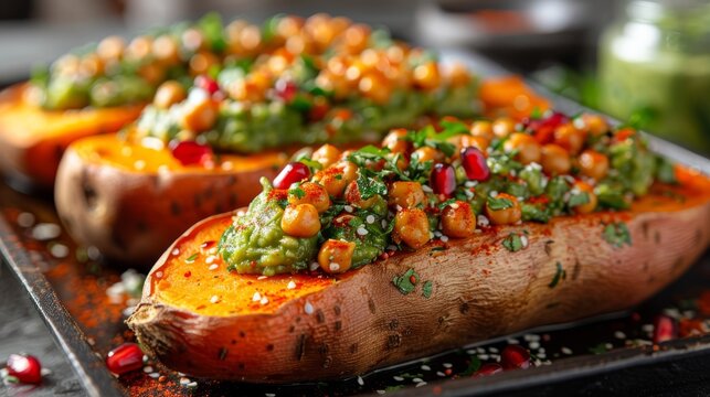   A close-up image of a baked sweet potato on a plate with garnishes placed on top