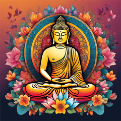 Obraz premium Buddha Siddhartha Shakyamuni meditating. Buddha sits in a lotus-like posture on a colorful cushion with flowers and birds on a background. Typography greeting card design. Buddhist festival Vector