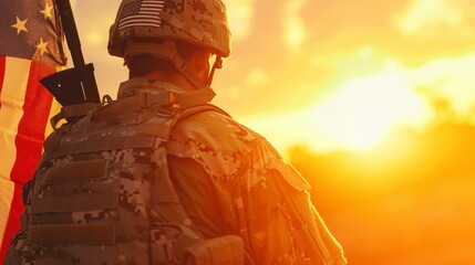 American soldier in a sunset next to the American flag in high resolution and high quality. war concept, soldier, man, patrol, patriot, flag