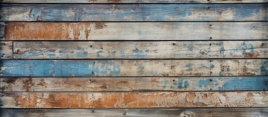 A weathered and aged wooden wall with peeling layers of paint revealing texture and history - obrazy, fototapety, plakaty