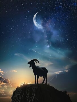 Eid Al Adha concept photo, Eid Mubarak greetings poster, goat and crescent moon with night sky and copy space - generative ai