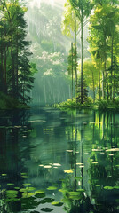 A tranquil greenery landscape, with a hidden lake surrounded by tall trees, their foliage reflecting in the calm waters.