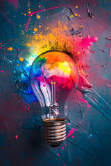 An exploding lamp in colors, inspiration creativity innovation imagination