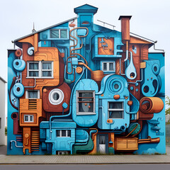 Quirky street art mural on an urban building.