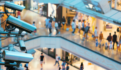 Security cameras mounted in a shopping mall above walking customers