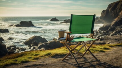 Green camping chair with folding table, book and mug against rocky coastline and ocean background, no text, no writing, no advertising --ar 16:9 --quality 0.5 --v 5.2 Job ID: 2b3f7ab3-993b-4d3c-9db5 - obrazy, fototapety, plakaty