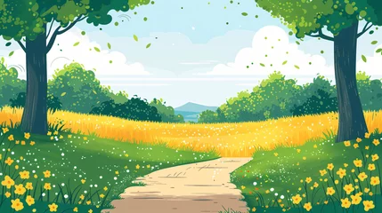 Kussenhoes Beautiful summer fields landscape with green hills, road and sun on blue sky. Country rural background. Spring sunny meadow. Cartoon illustration in flat style for banner, wallpaper, card, poster © ratatosk