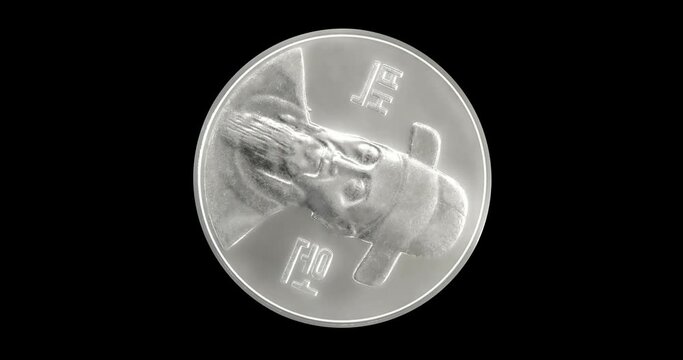 verse of South Korea coin 100 won 2013 with portrait of admiral Yi Sun-sin, isolated in black background. Loopable animation in 4k resolution video.