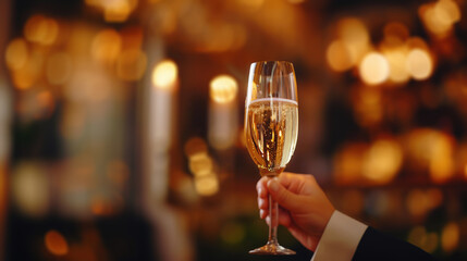 Closeup of hand holding glass of champagne or sparkling wine - obrazy, fototapety, plakaty