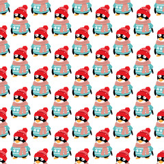  Penguins in a hat seamless pattern, cute animals in flat illustration style, funny animals